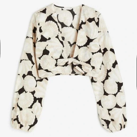 H&M Linen Black and Cream Sea Shell long sleeve Top - Picture 1 of 5